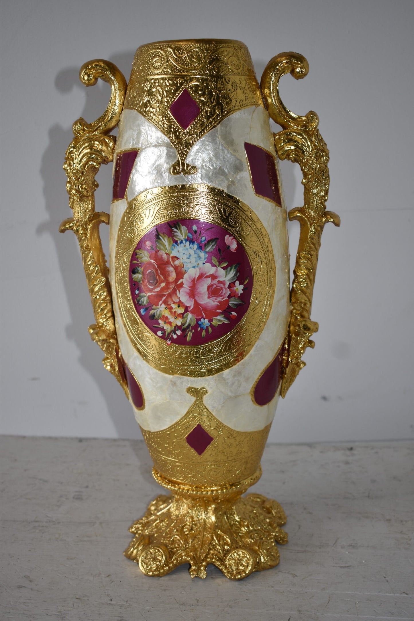 Gold and Flower Adorned Tall Resin Vase Size: 12" x 9" x 21"H