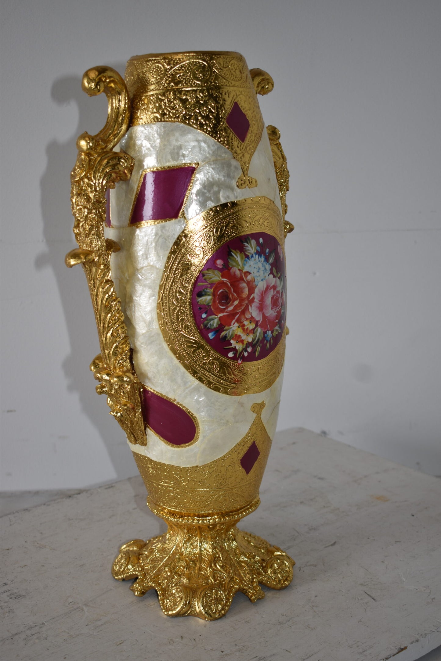 Gold and Flower Adorned Tall Resin Vase Size: 12" x 9" x 21"H