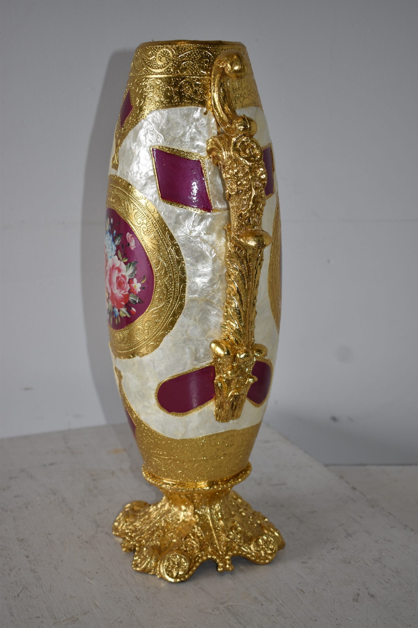 Gold and Flower Adorned Tall Resin Vase Size: 12" x 9" x 21"H