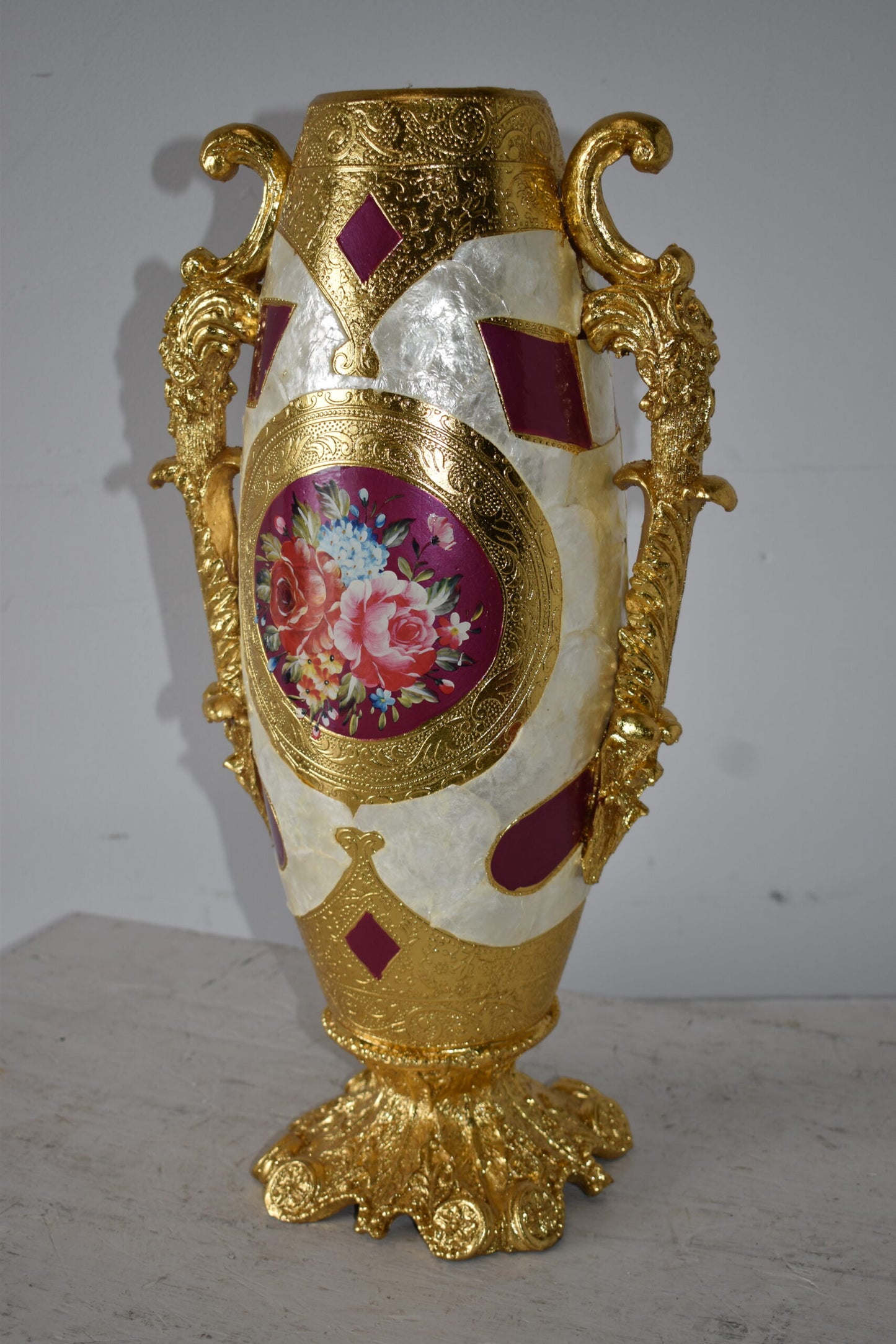 Gold and Flower Adorned Tall Resin Vase Size: 12" x 9" x 21"H