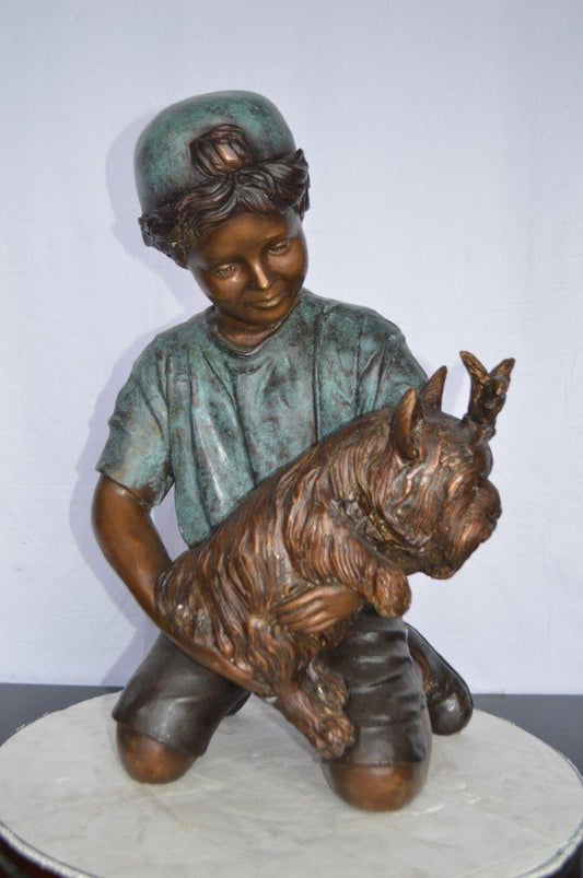 Young Child Playing With His Dog Bronze Statue - Size: 18"L x 17"W x 26"H.