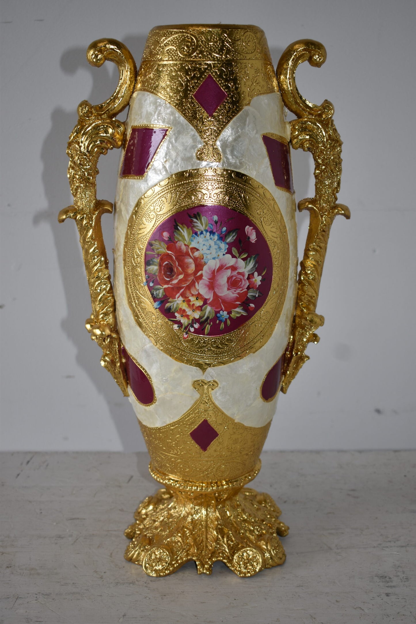 Gold and Flower Adorned Tall Resin Vase Size: 12" x 9" x 21"H