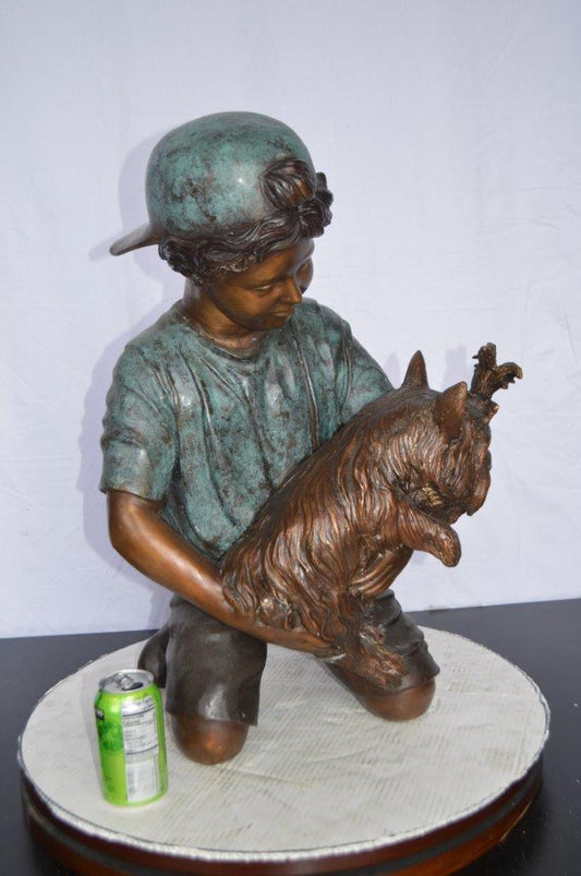 Young Child Playing With His Dog Bronze Statue - Size: 18"L x 17"W x 26"H.
