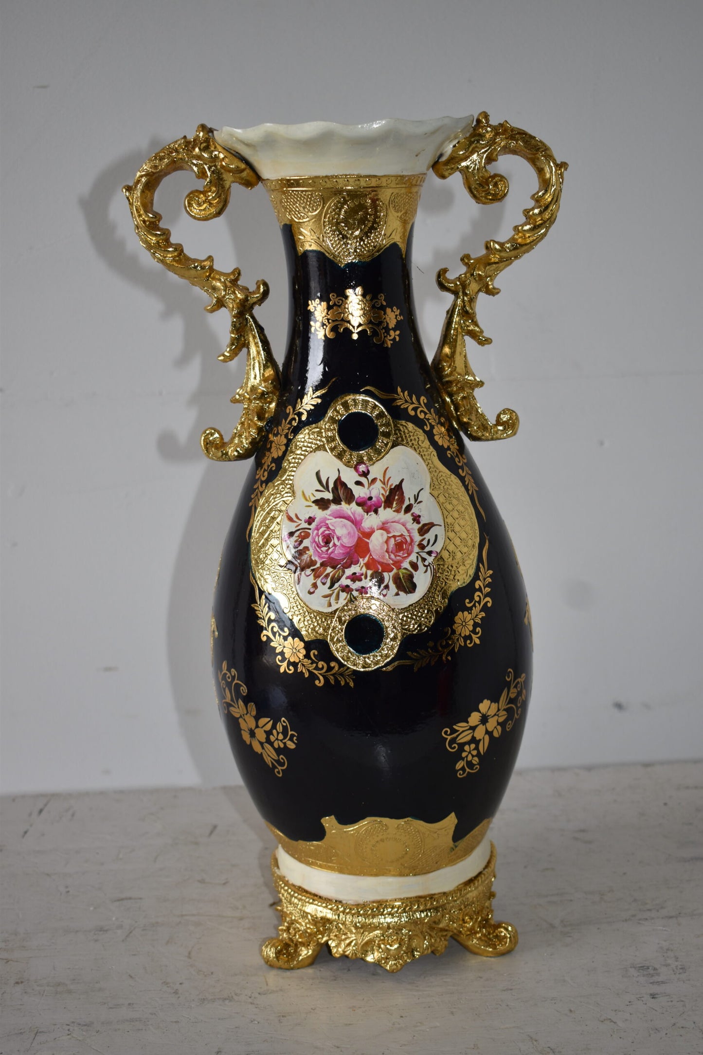 Black and Gold Rounded Resin Vase Size: 11" x 9" x 20"H