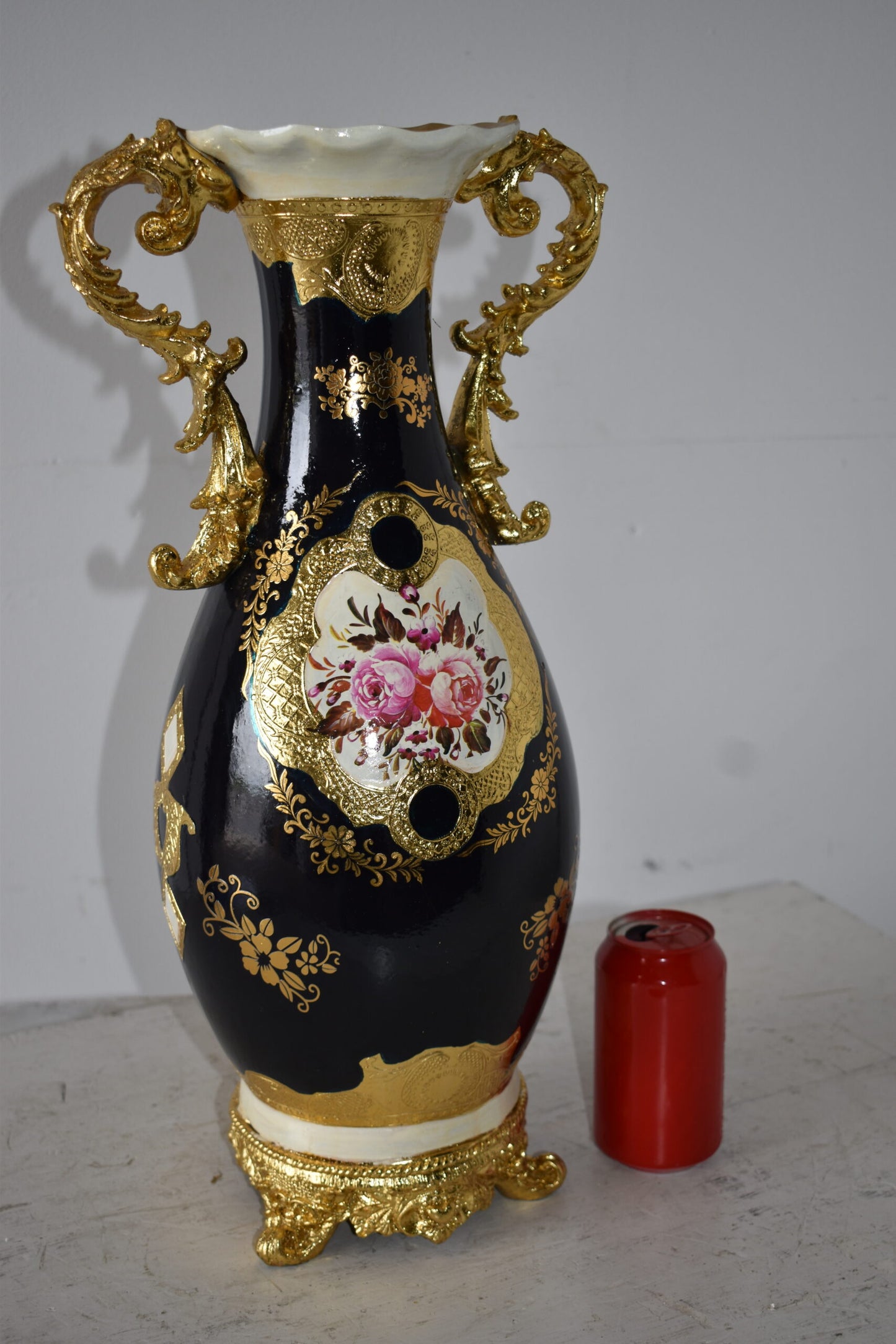 Black and Gold Rounded Resin Vase Size: 11" x 9" x 20"H
