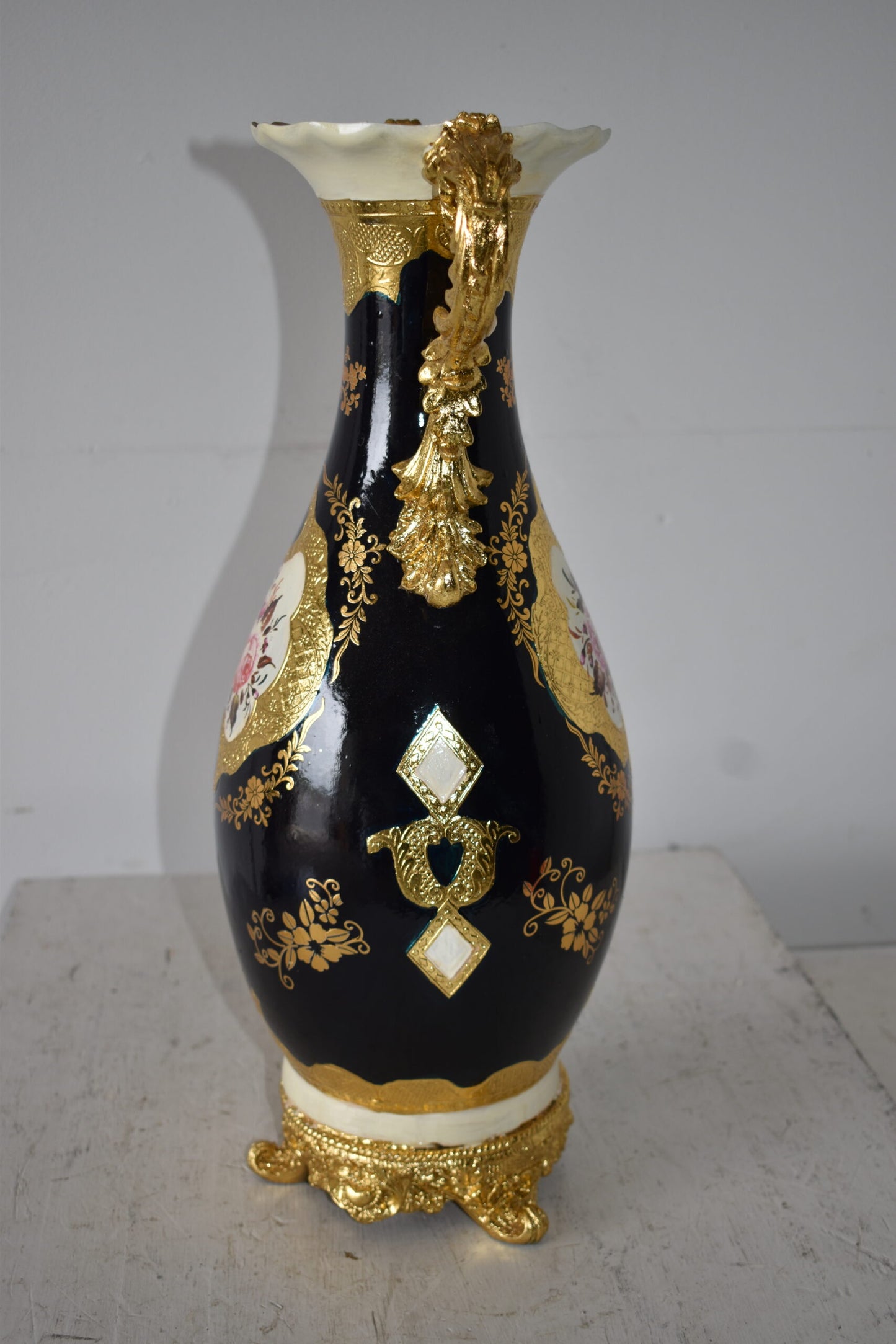 Black and Gold Rounded Resin Vase Size: 11" x 9" x 20"H