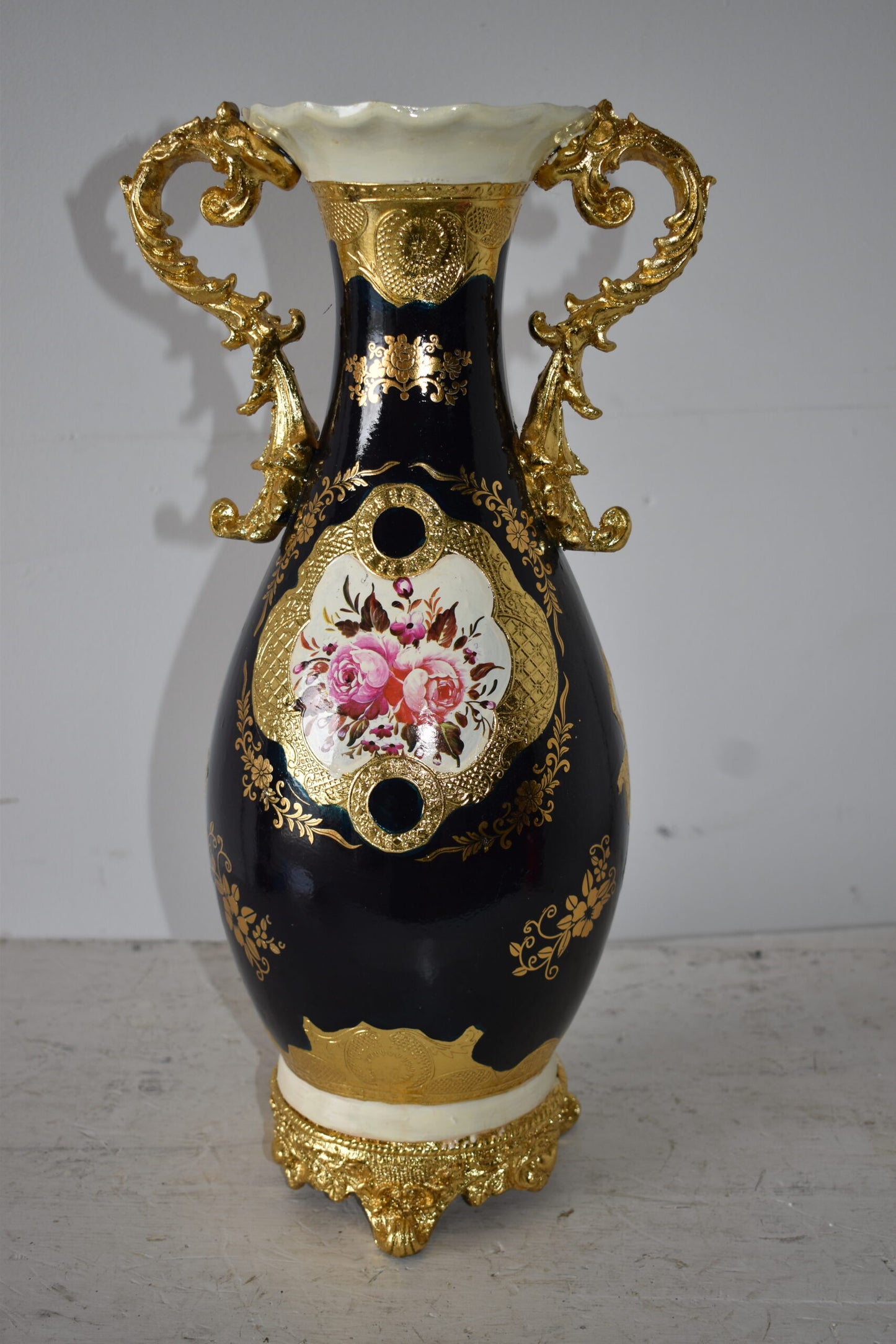 Black and Gold Rounded Resin Vase Size: 11" x 9" x 20"H
