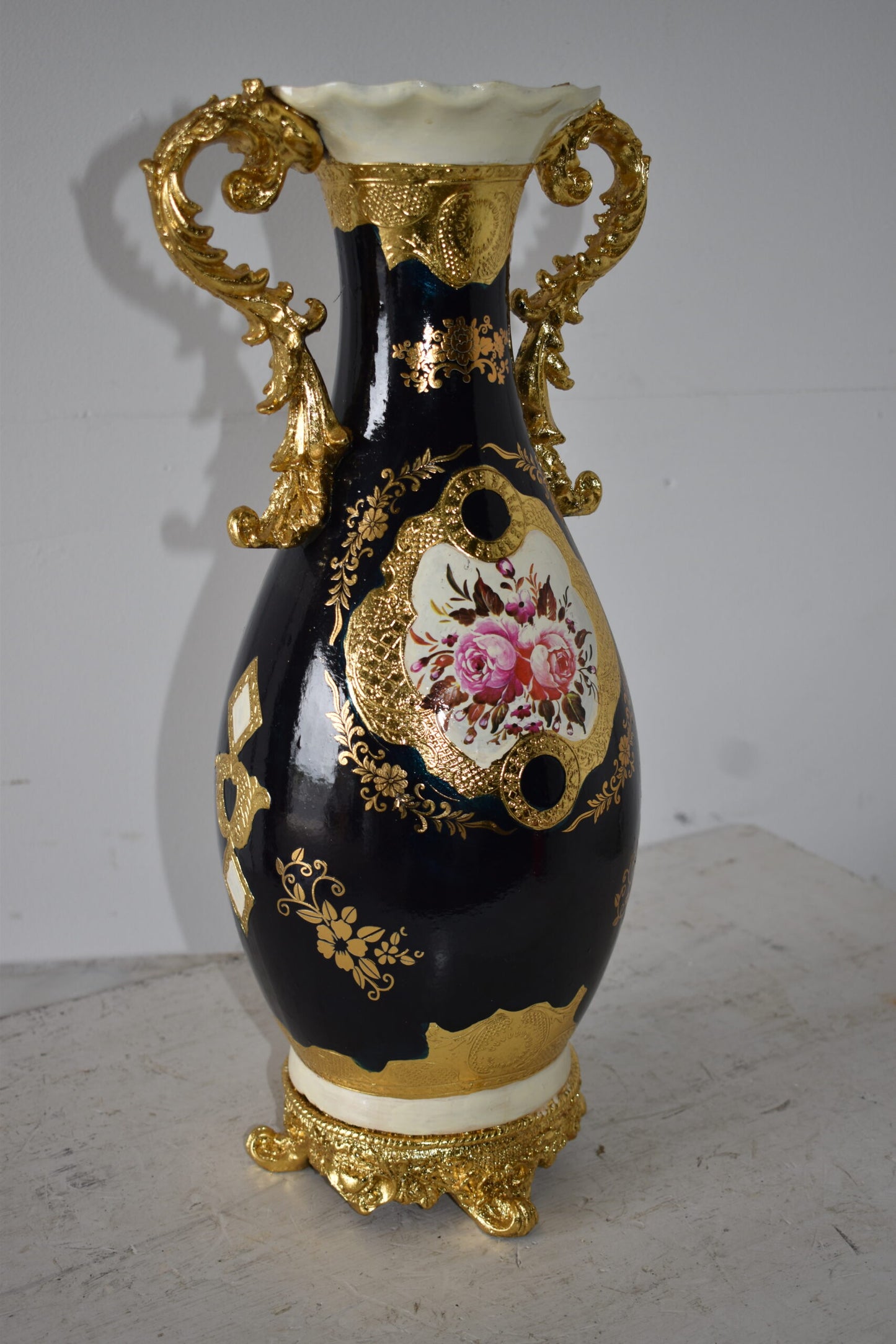Black and Gold Rounded Resin Vase Size: 11" x 9" x 20"H