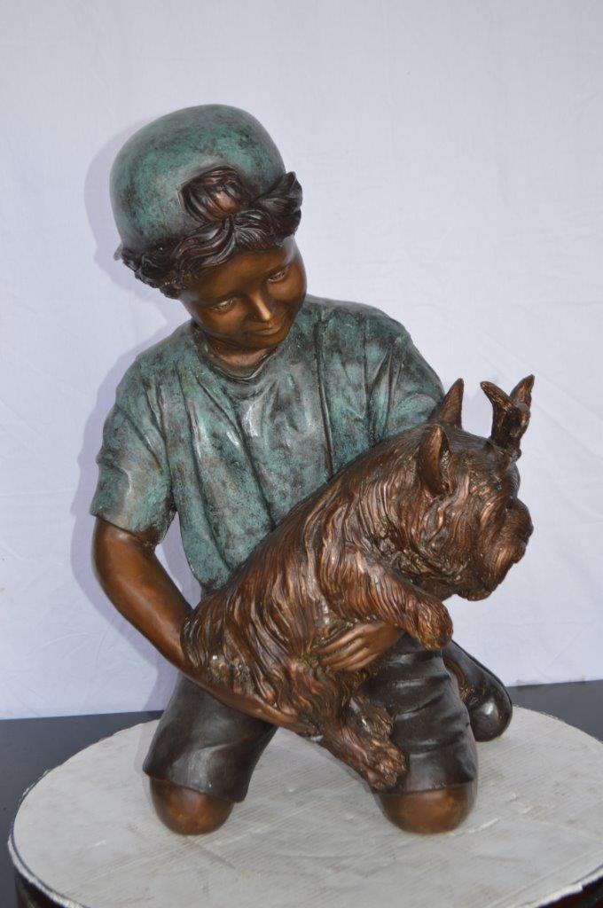 Young Child Playing With His Dog Bronze Statue - Size: 18"L x 17"W x 26"H.
