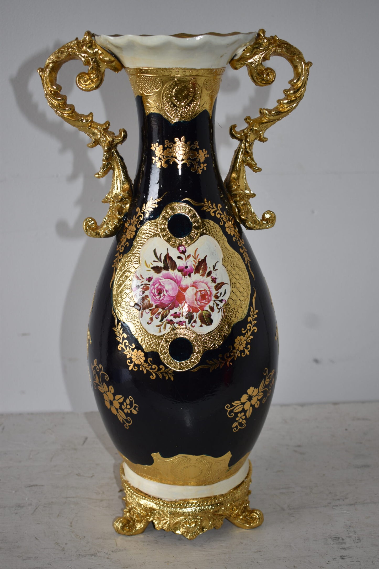 Black and Gold Rounded Resin Vase Size: 11" x 9" x 20"H