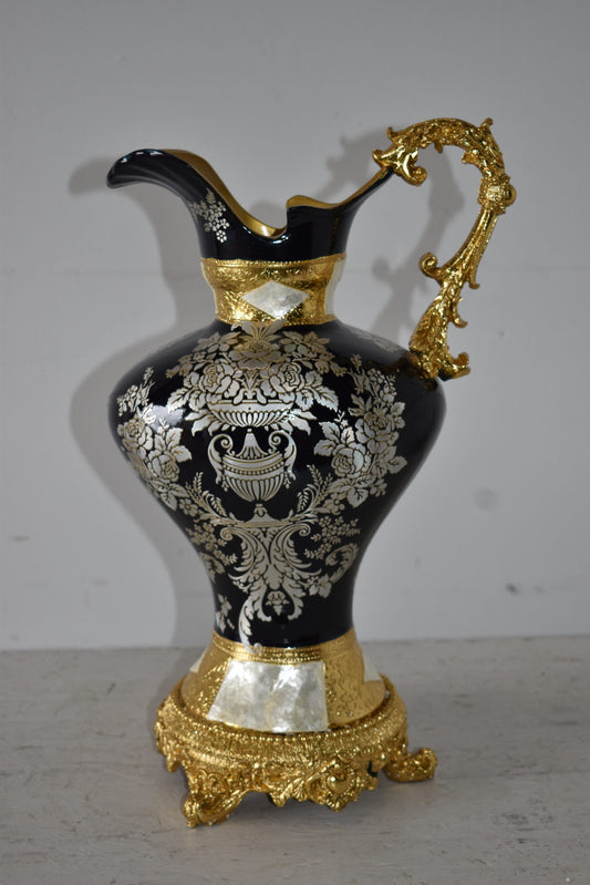 Black and Silver Rounded Hydria Resin Vase Size: 11" x 8" x 18"H