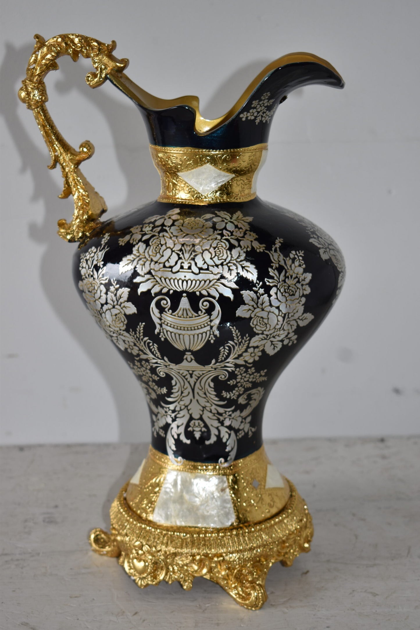 Black and Silver Rounded Hydria Resin Vase Size: 11" x 8" x 18"H
