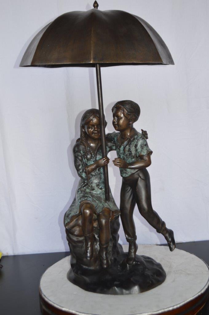 Kids Playing under Umbrella Bronze Fountain -  Size: 20"L x 20"W x 37"H.