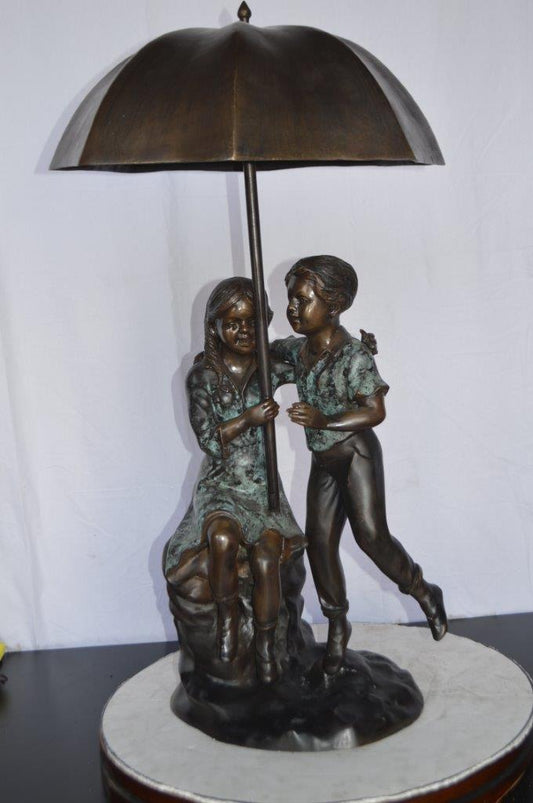Kids Playing under Umbrella Bronze Fountain -  Size: 20"L x 20"W x 37"H.