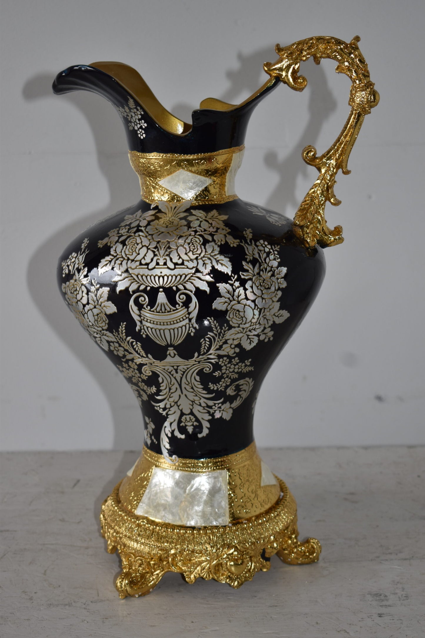 Black and Silver Rounded Hydria Resin Vase Size: 11" x 8" x 18"H