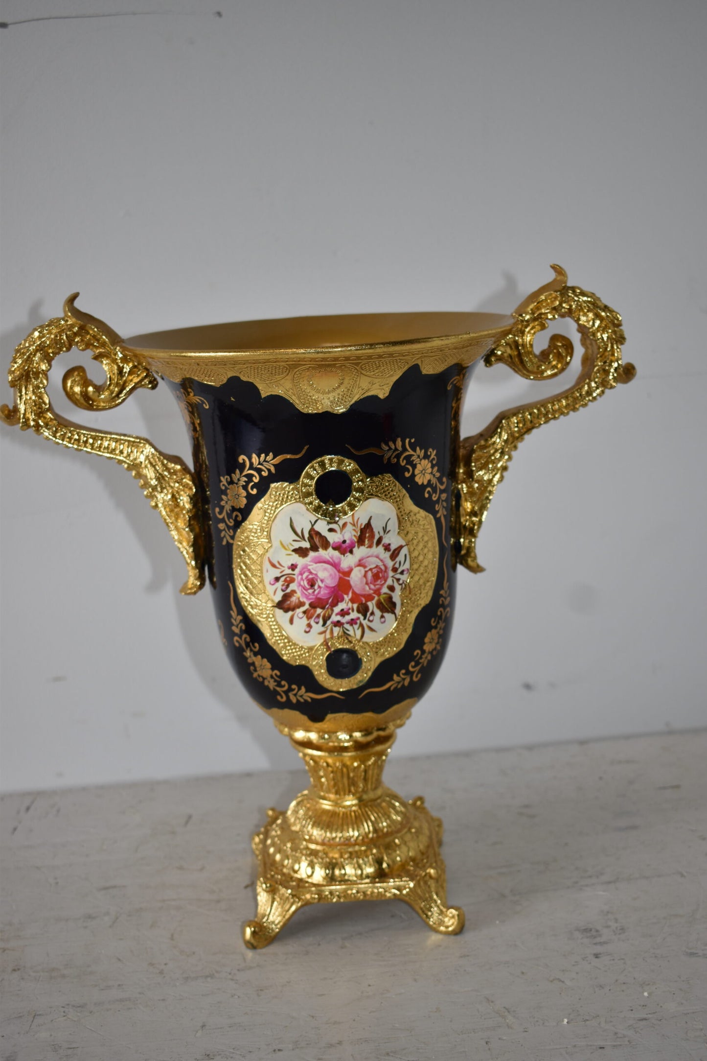 Black and Gold Large Krater Decoration Resin Vase Size: 17" x 10" x 16"H