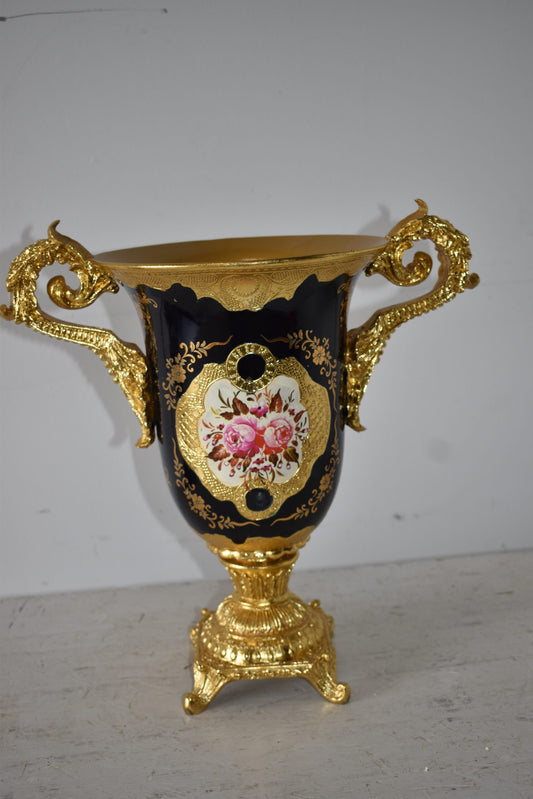Black and Gold Large Krater Decoration Resin Vase Size: 17" x 10" x 16"H