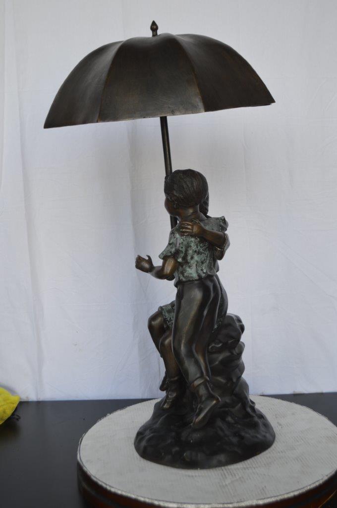 Kids Playing under Umbrella Bronze Fountain - Size: 20"L x 20"W x 37"H.