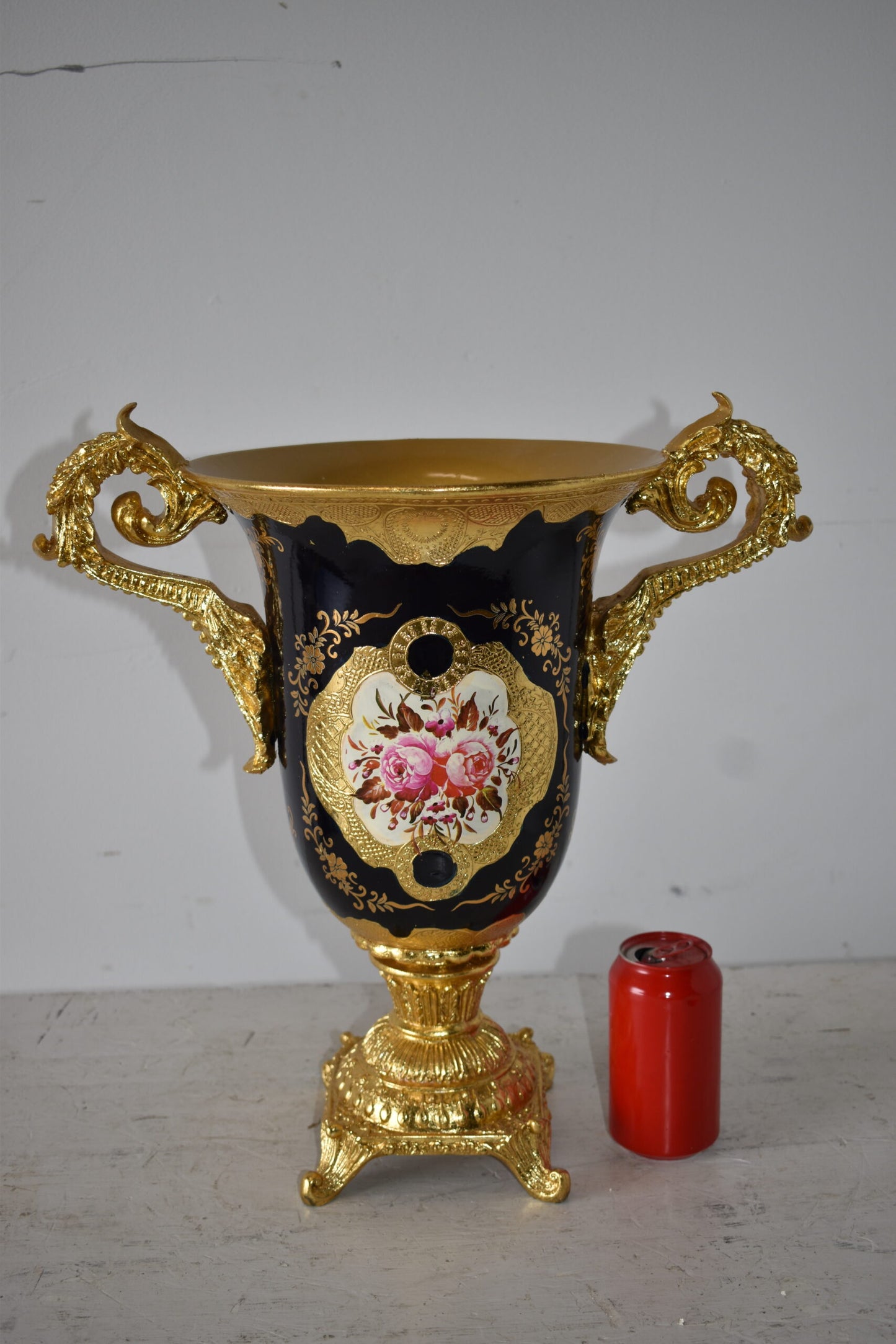 Black and Gold Large Krater Decoration Resin Vase Size: 17" x 10" x 16"H