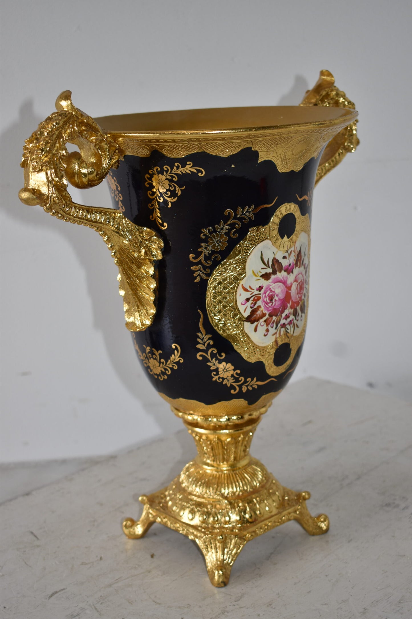 Black and Gold Large Krater Decoration Resin Vase Size: 17" x 10" x 16"H