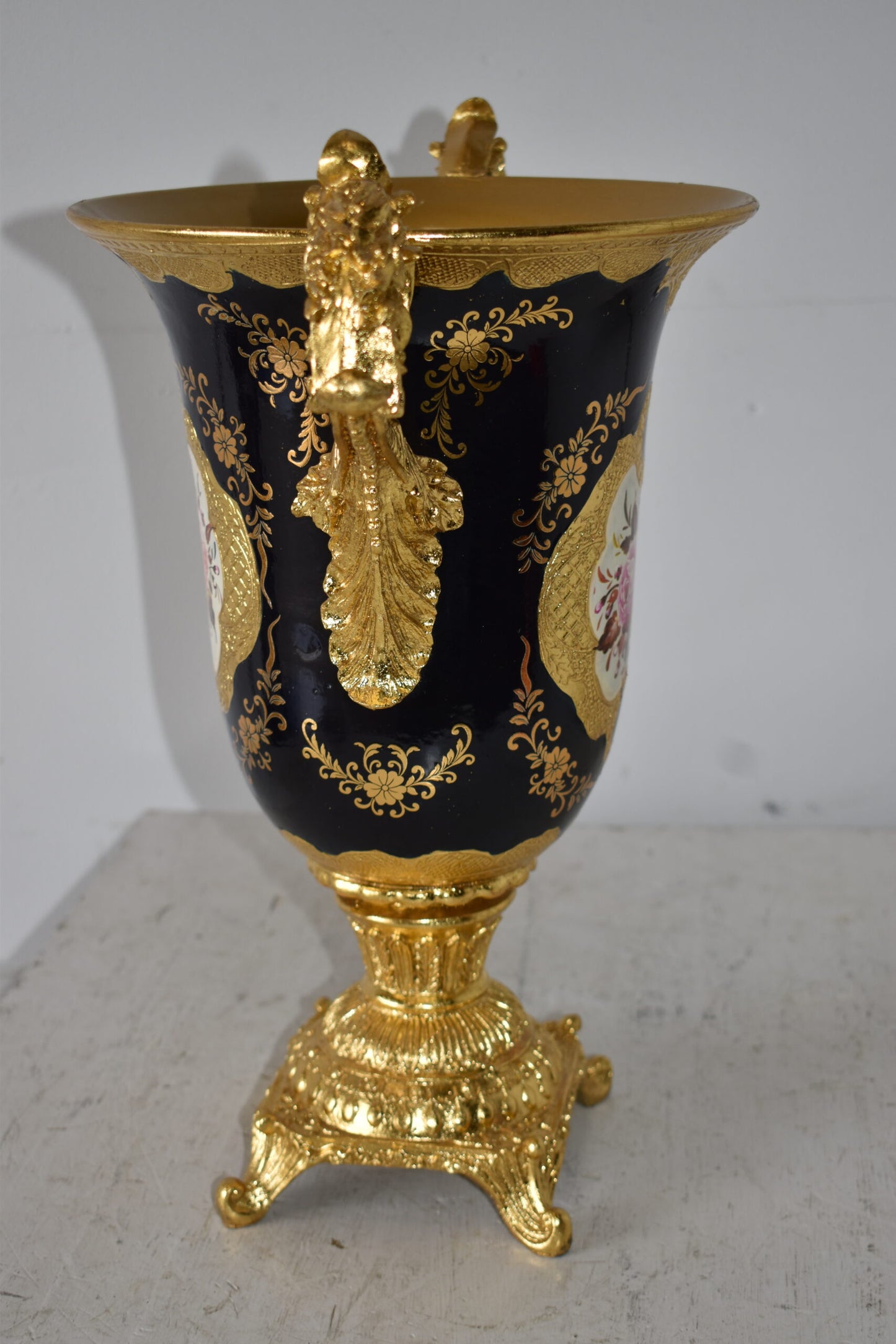 Black and Gold Large Krater Decoration Resin Vase Size: 17" x 10" x 16"H