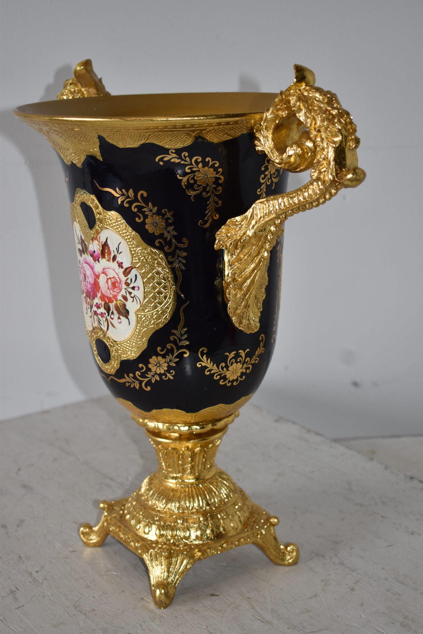 Black and Gold Large Krater Decoration Resin Vase Size: 17" x 10" x 16"H