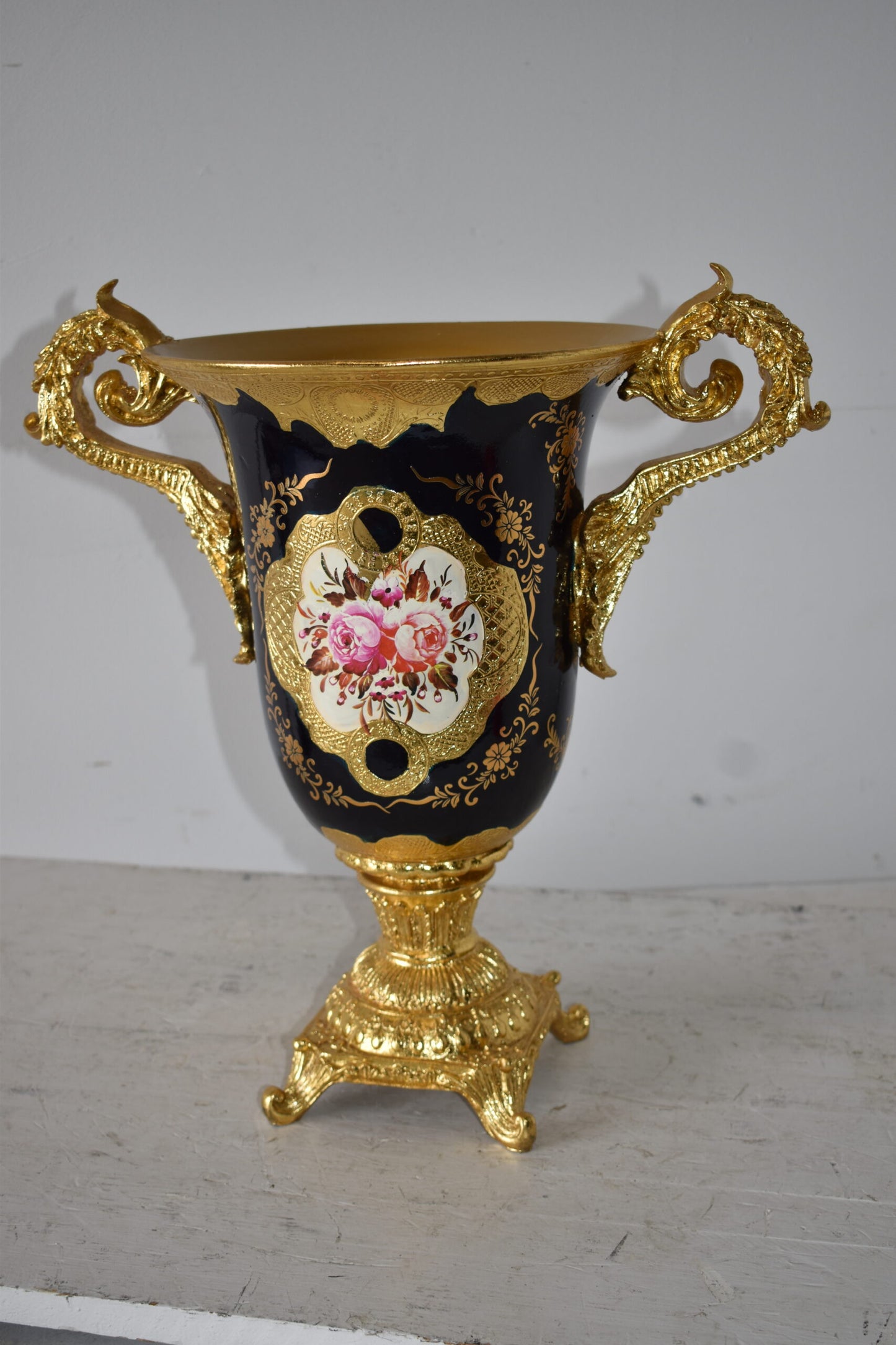 Black and Gold Large Krater Decoration Resin Vase Size: 17" x 10" x 16"H