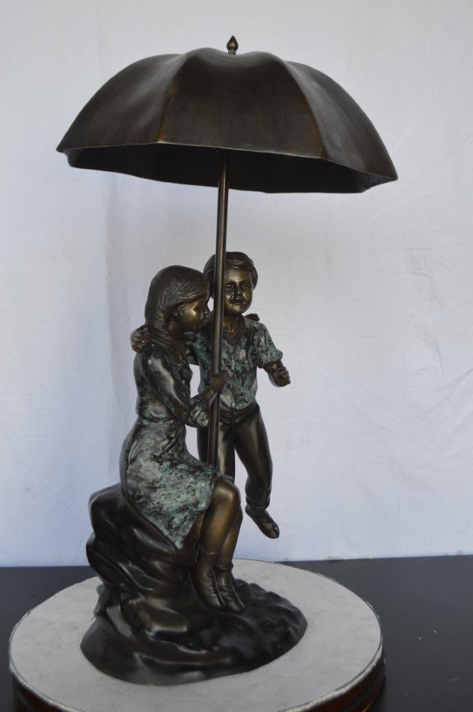 Kids Playing under Umbrella Bronze Fountain -  Size: 20"L x 20"W x 37"H.