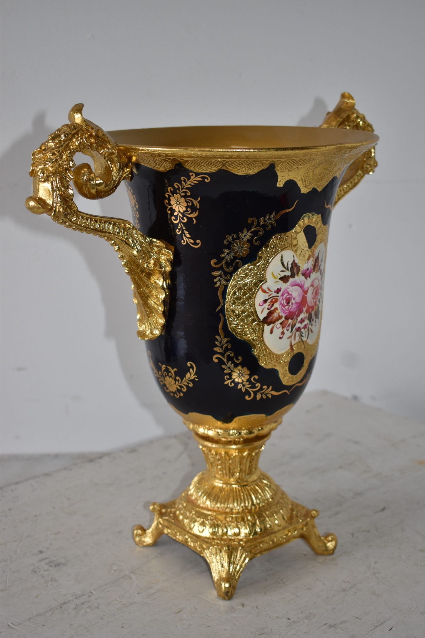 Black and Gold Large Krater Decoration Resin Vase Size: 17" x 10" x 16"H