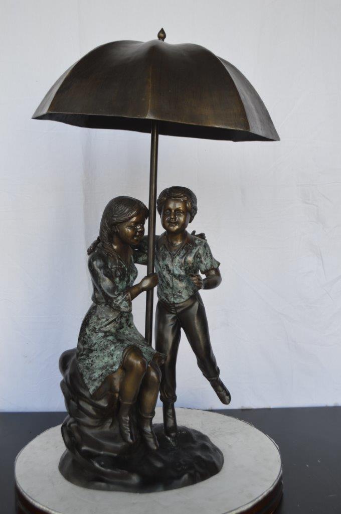 Kids Playing under Umbrella Bronze Fountain - Size: 20"L x 20"W x 37"H.