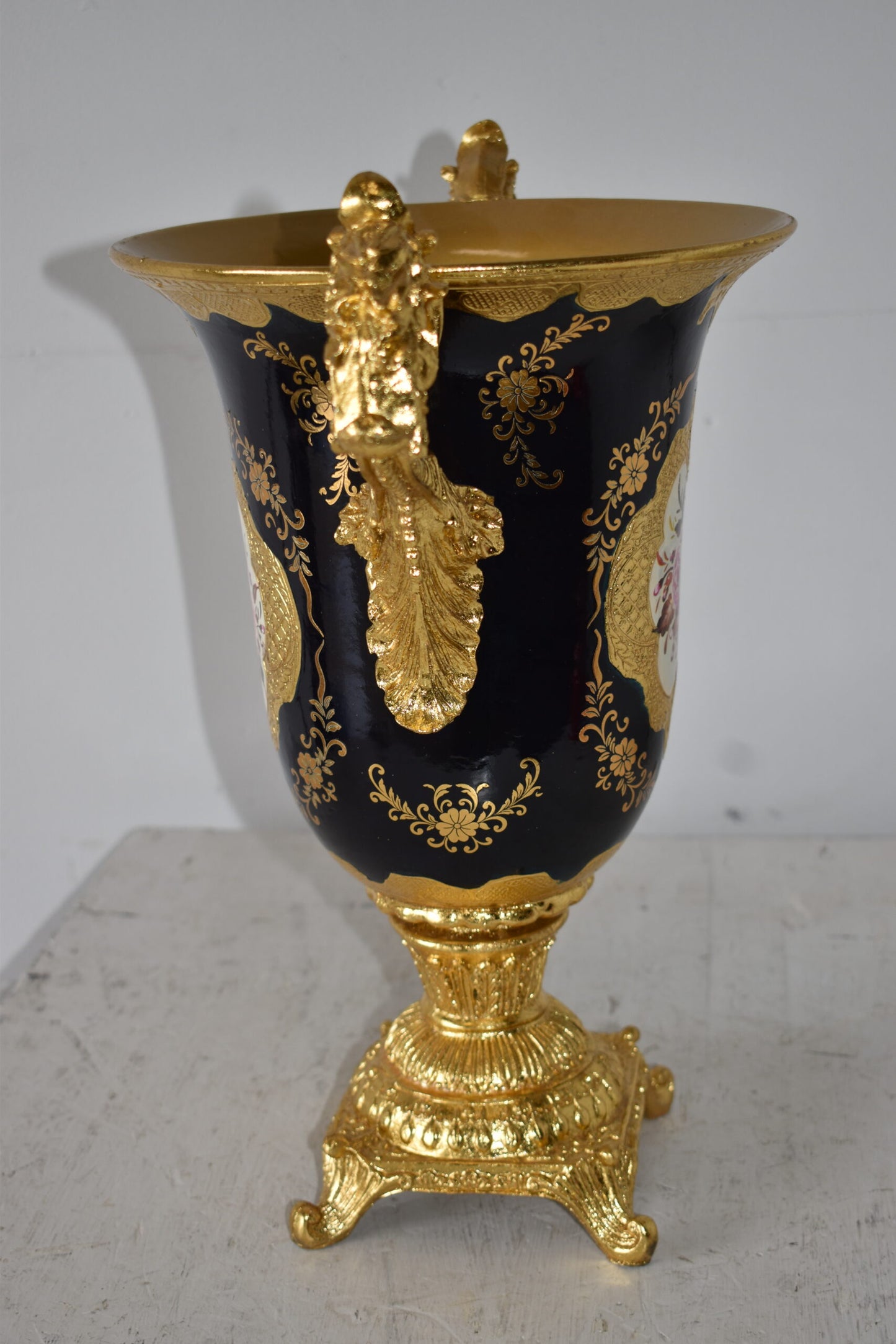 Black and Gold Large Krater Decoration Resin Vase Size: 17" x 10" x 16"H