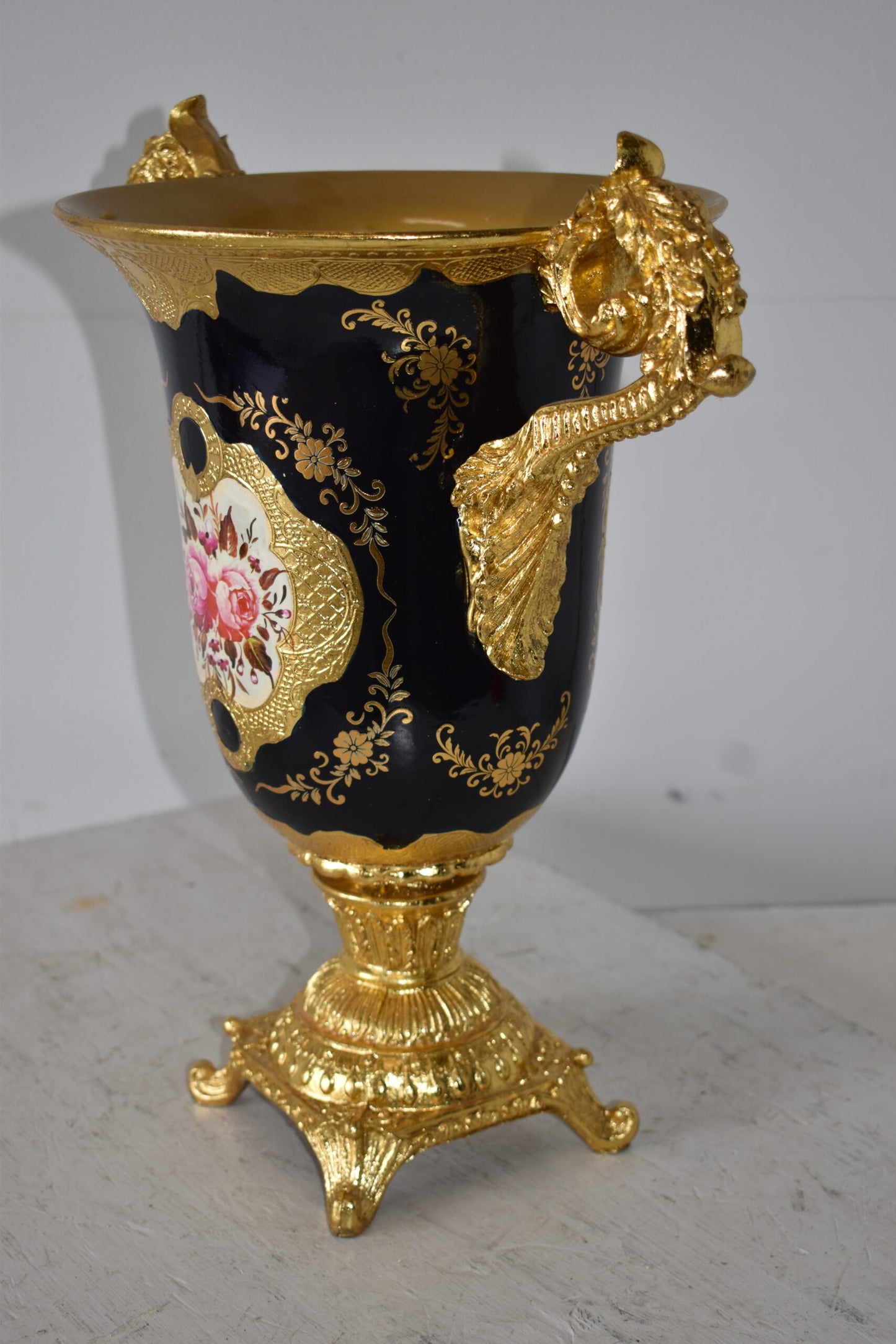 Black and Gold Large Krater Decoration Resin Vase Size: 17" x 10" x 16"H