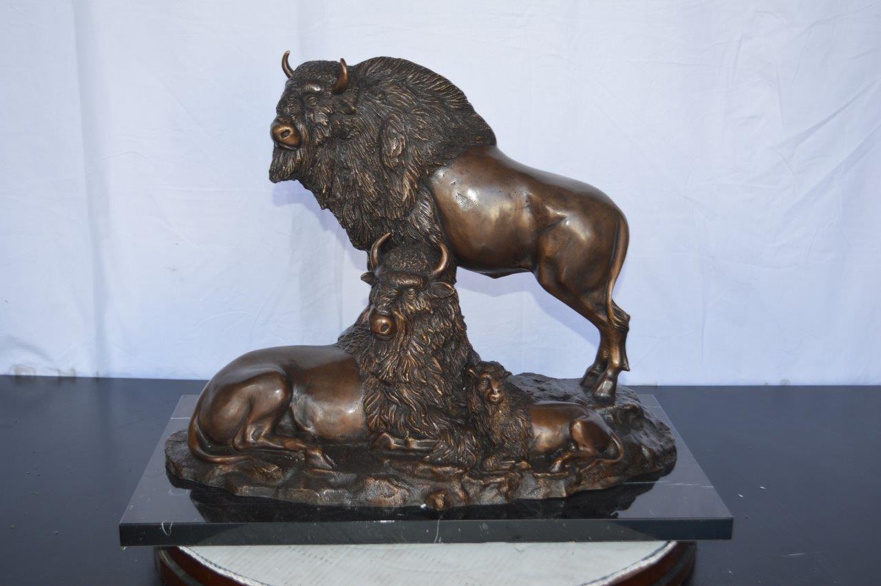 Bison Pack Bronze Statue on A Marble Base - Size: 14"L x 24"W x 18"H.