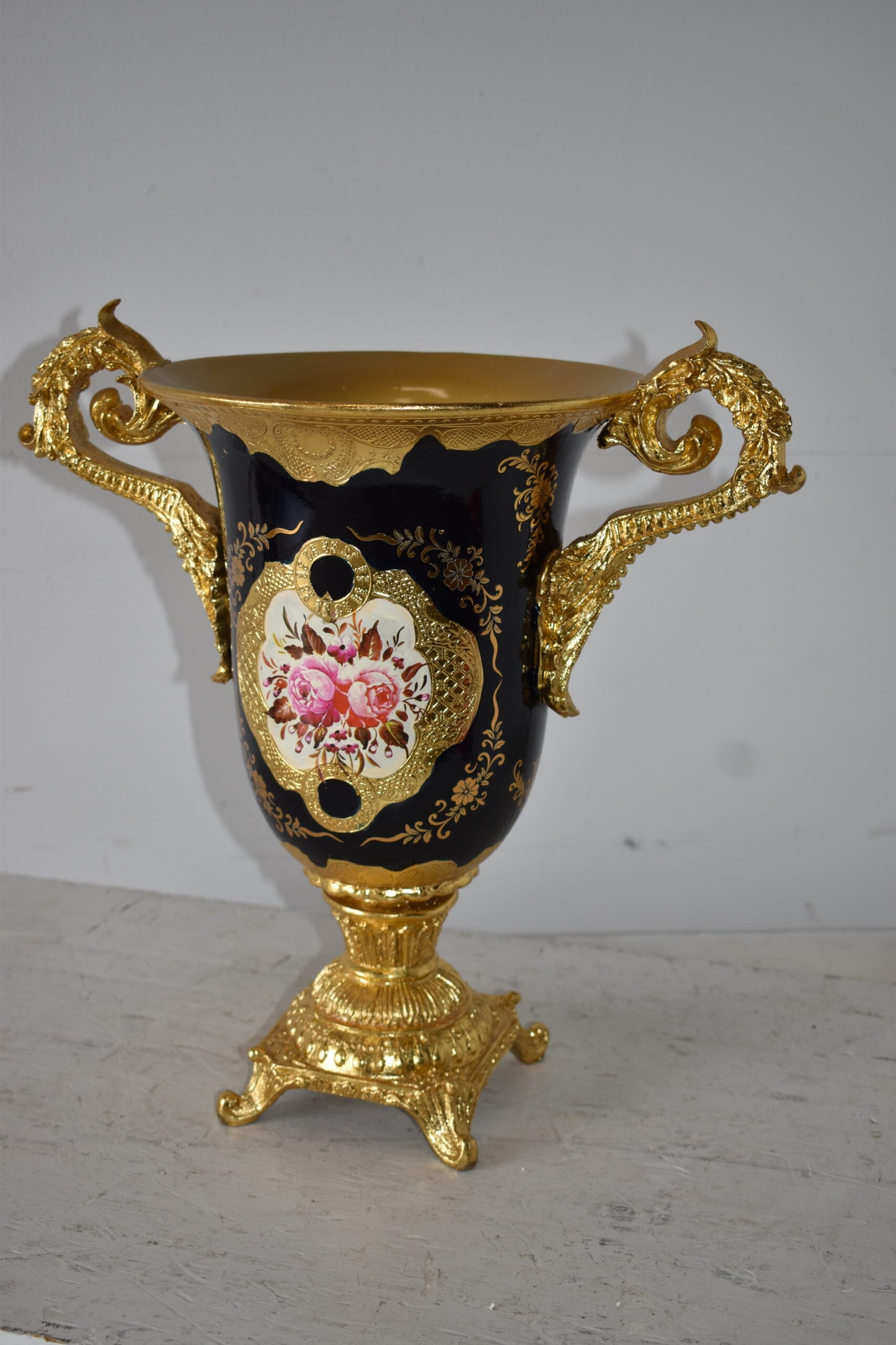 Black and Gold Large Krater Decoration Resin Vase Size: 17" x 10" x 16"H