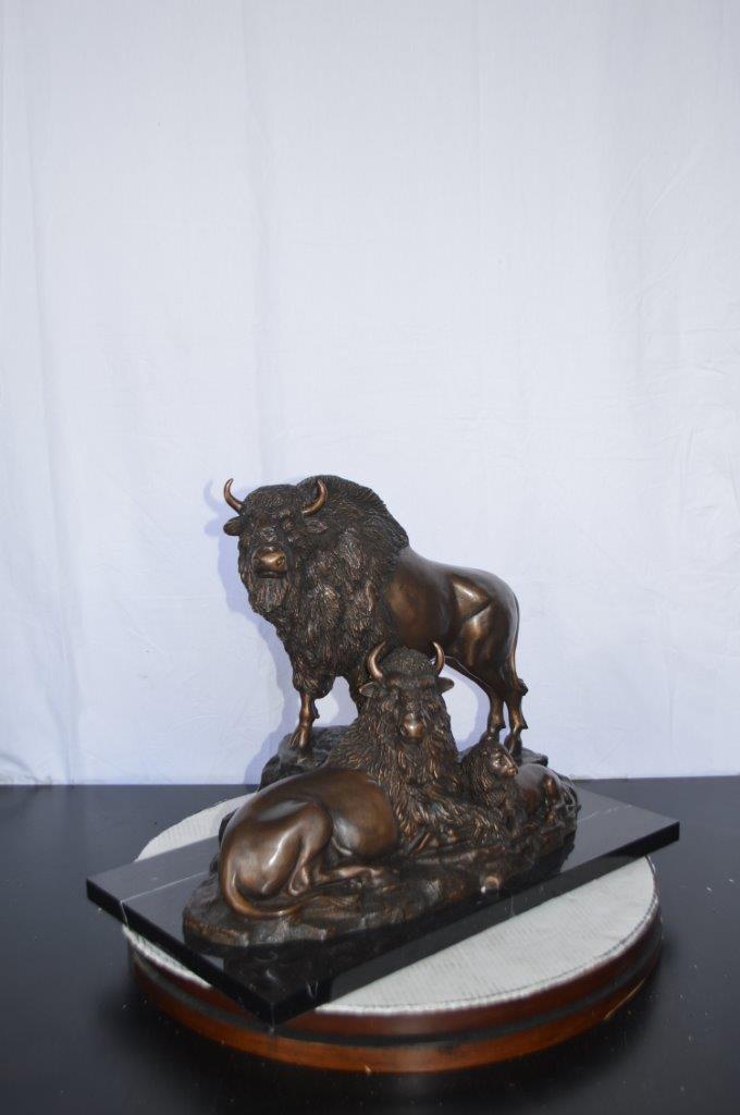 Bison Pack Bronze Statue on A Marble Base -  Size: 14"L x 24"W x 18"H.