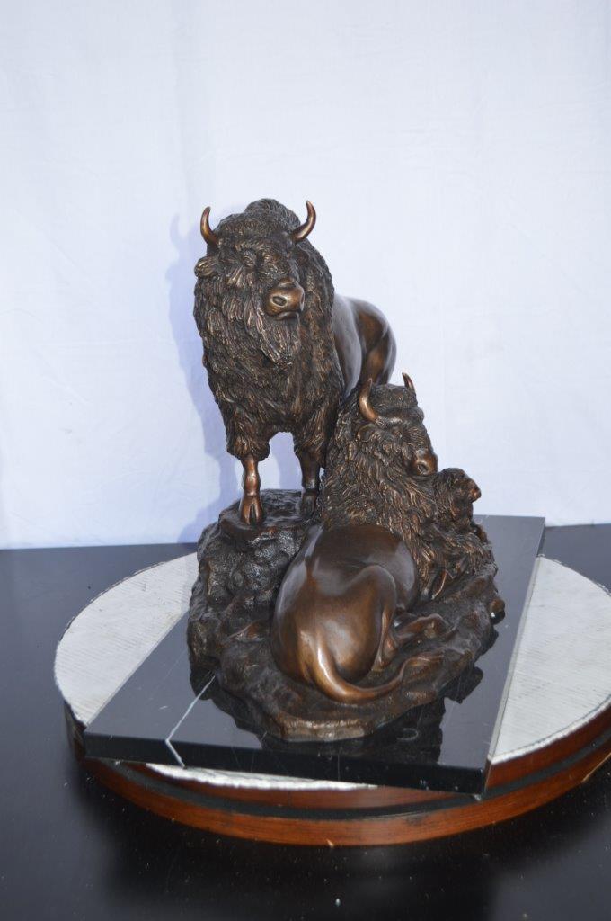 Bison Pack Bronze Statue on A Marble Base -  Size: 14"L x 24"W x 18"H.