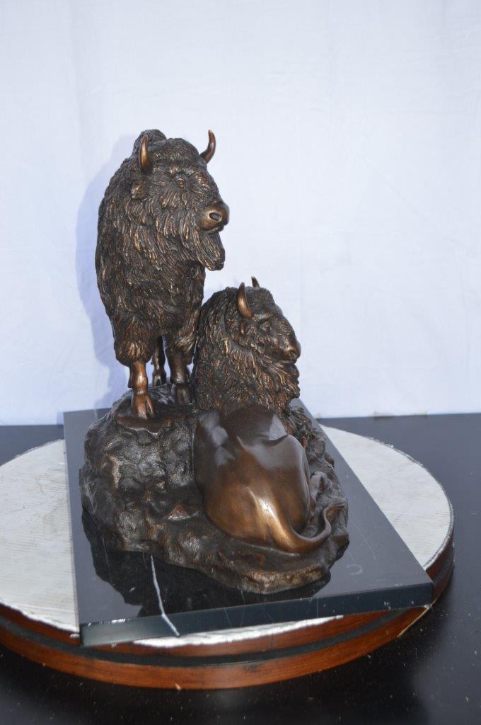 Bison Pack Bronze Statue on A Marble Base -  Size: 14"L x 24"W x 18"H.