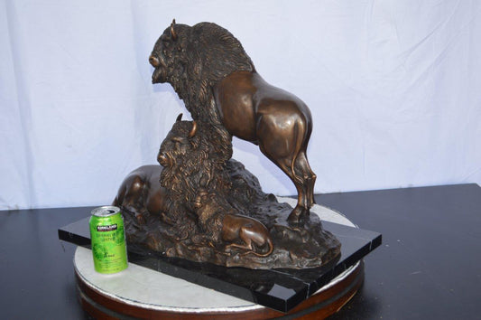 Bison Pack Bronze Statue on A Marble Base - Size: 14"L x 24"W x 18"H.