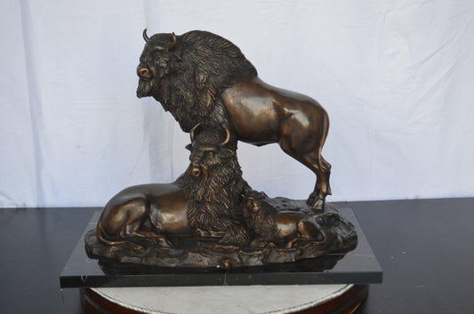 Bison Pack Bronze Statue on A Marble Base - Size: 14"L x 24"W x 18"H.