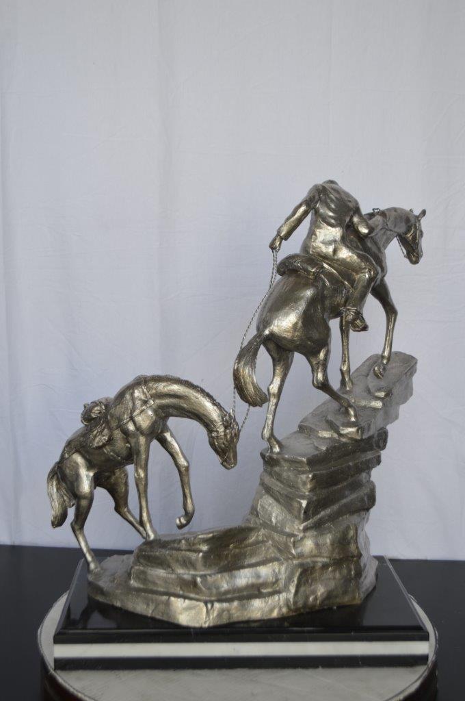 Man with two horses silver finish Bronze Statue - Size: 25"L x 13"W x 26"H.