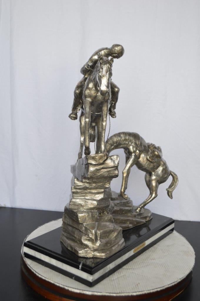 Man with two horses silver finish Bronze Statue - Size: 25"L x 13"W x 26"H.