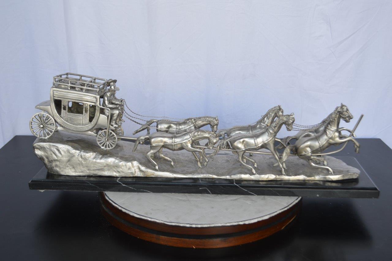 M Russell, Silver Stagecoach Replica Bronze Statue - Size: 38"L x 10"W x 12"H.