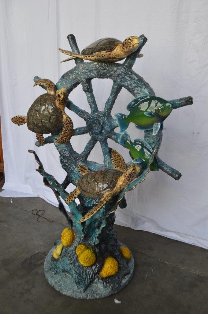 Sunken Boat Anchor W Turtles, Fish Bronze Statue - Size: 39"L x 23"W x 51"H.