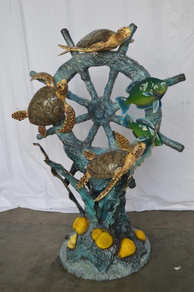 Sunken Boat Anchor W Turtles, Fish Bronze Statue - Size: 39"L x 23"W x 51"H.