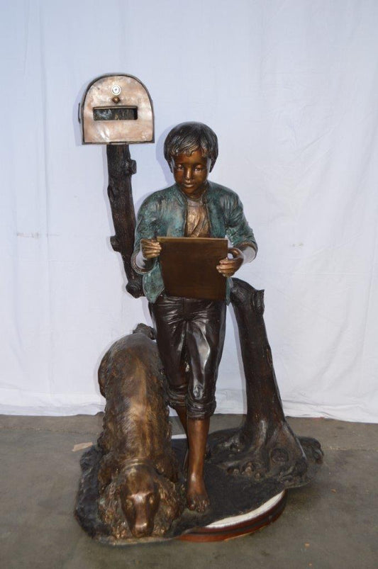 Mailbox - Boy Reading a Letter Bronze Statue -  Size: 33"L x 36"W x 54"H.