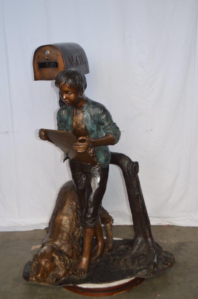 Mailbox - Boy Reading a Letter Bronze Statue - Size: 33"L x 36"W x 54"H.