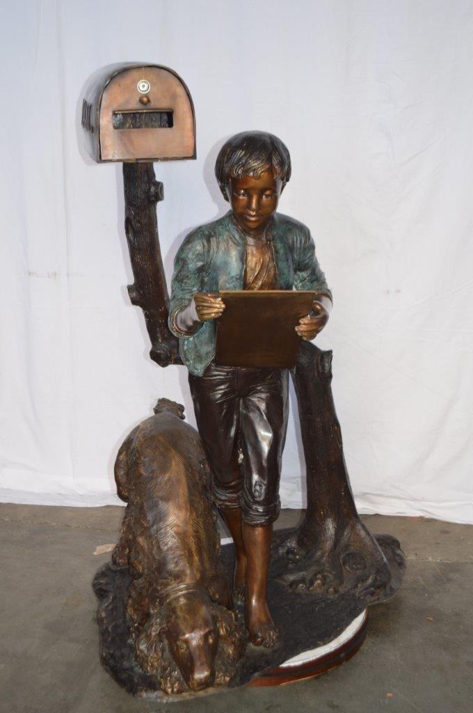 Mailbox - Boy Reading a Letter Bronze Statue - Size: 33"L x 36"W x 54"H.