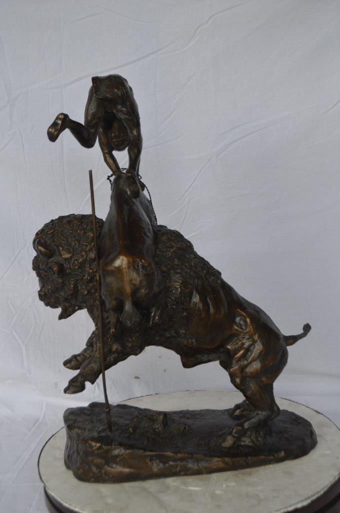 Nifao Bronze Finish Buffalo Horse Remington Inspired Sculpture - Western Decor Statue with Marble Base, Size: 21"L x 13"W x 29"H