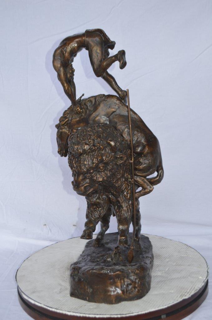 Nifao Bronze Finish Buffalo Horse Remington Inspired Sculpture - Western Decor Statue with Marble Base, Size: 21"L x 13"W x 29"H