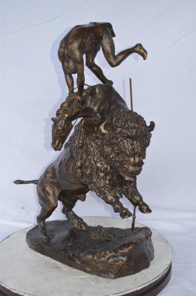 Nifao Bronze Finish Buffalo Horse Remington Inspired Sculpture - Western Decor Statue with Marble Base, Size: 21"L x 13"W x 29"H